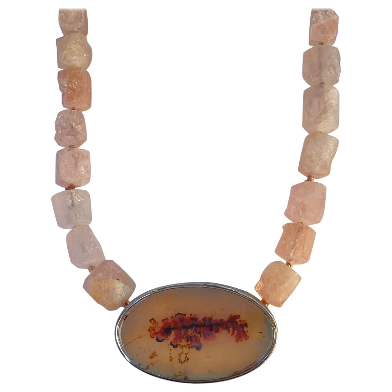 Rough Cut Morganite Necklace with an Agate Clasp
