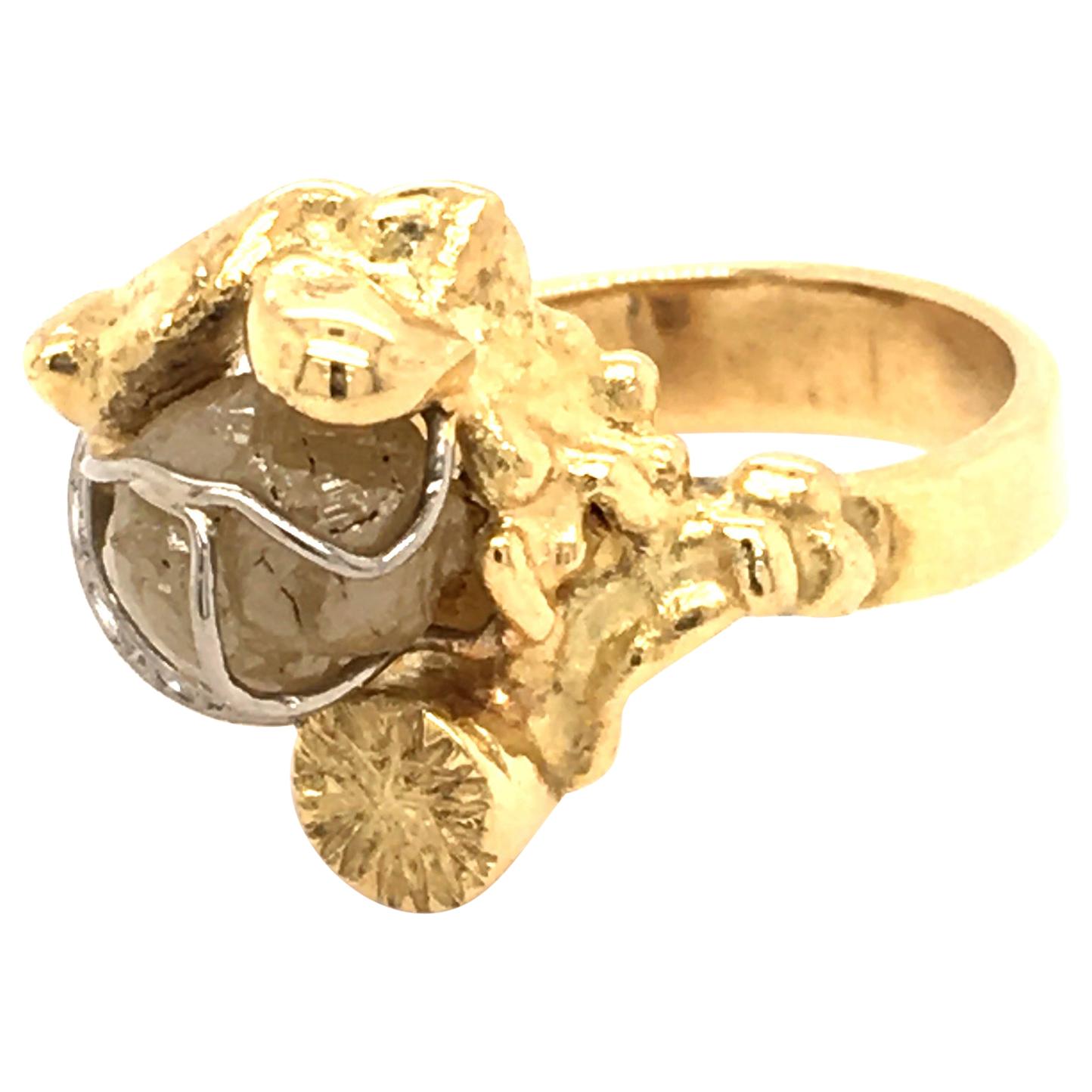 Rough Diamond and Brilliant Ring in 18 Karat Gold