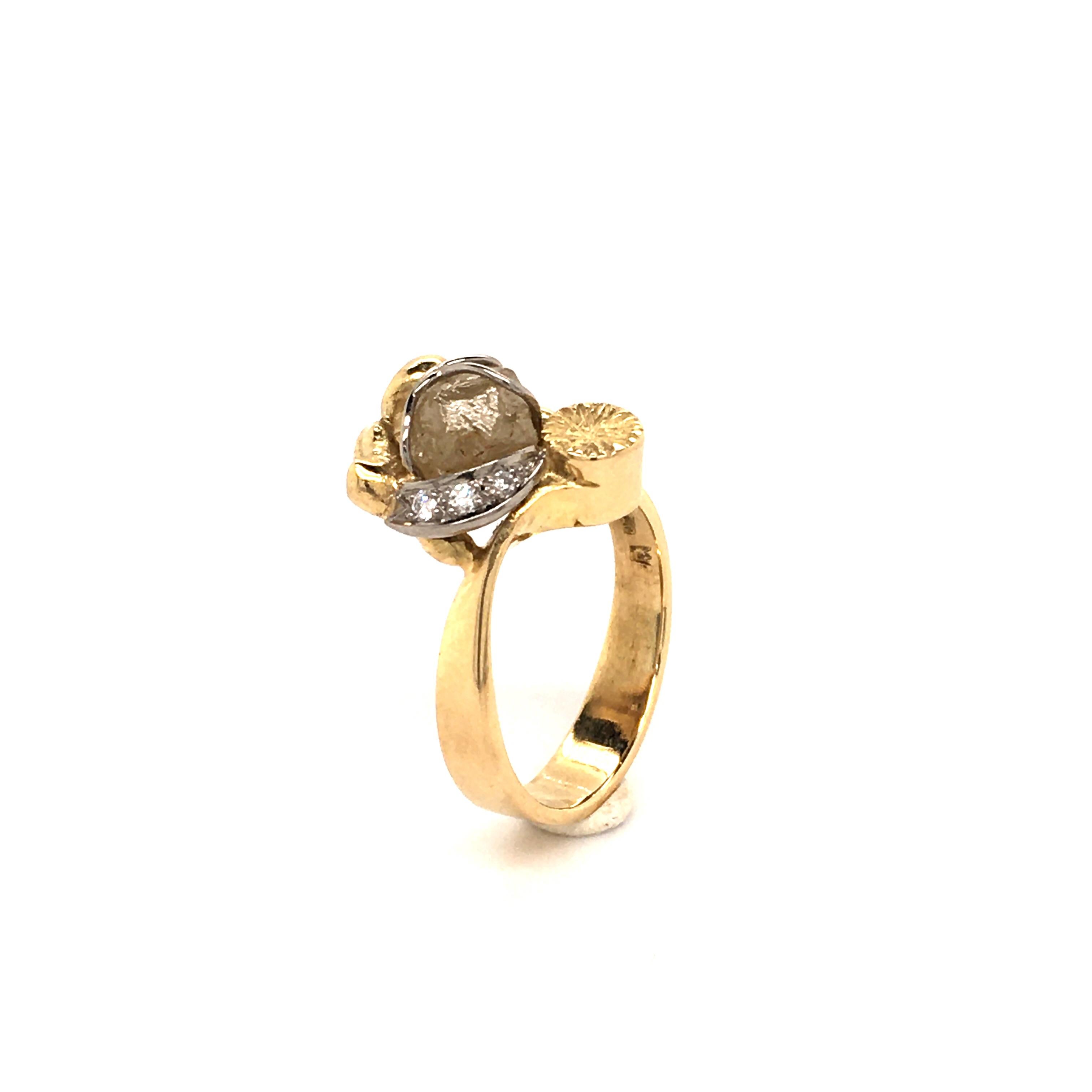 Women's or Men's Rough Diamond and Brilliant Ring in 18 Karat Gold
