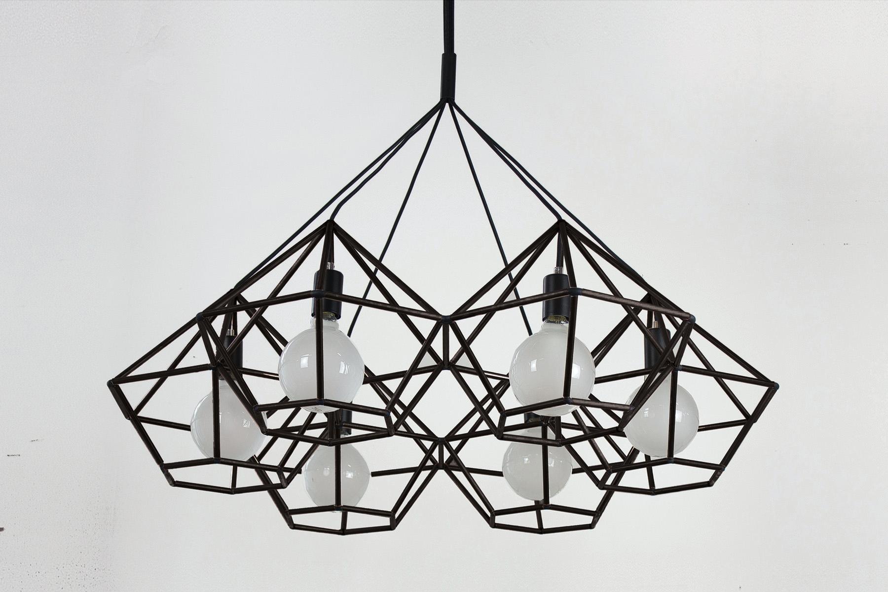 Australian Rough Diamond Chandelier, Modern, Brass Tube, Geometric, Pendant Light