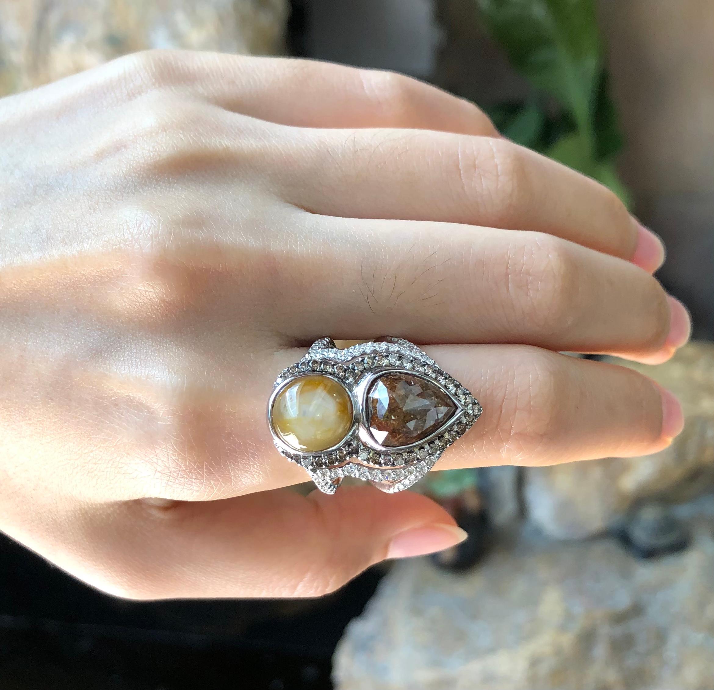 Contemporary Rough Diamond, Yellow Star Sapphire and Diamond Ring Set in 18 Karat White Gold For Sale