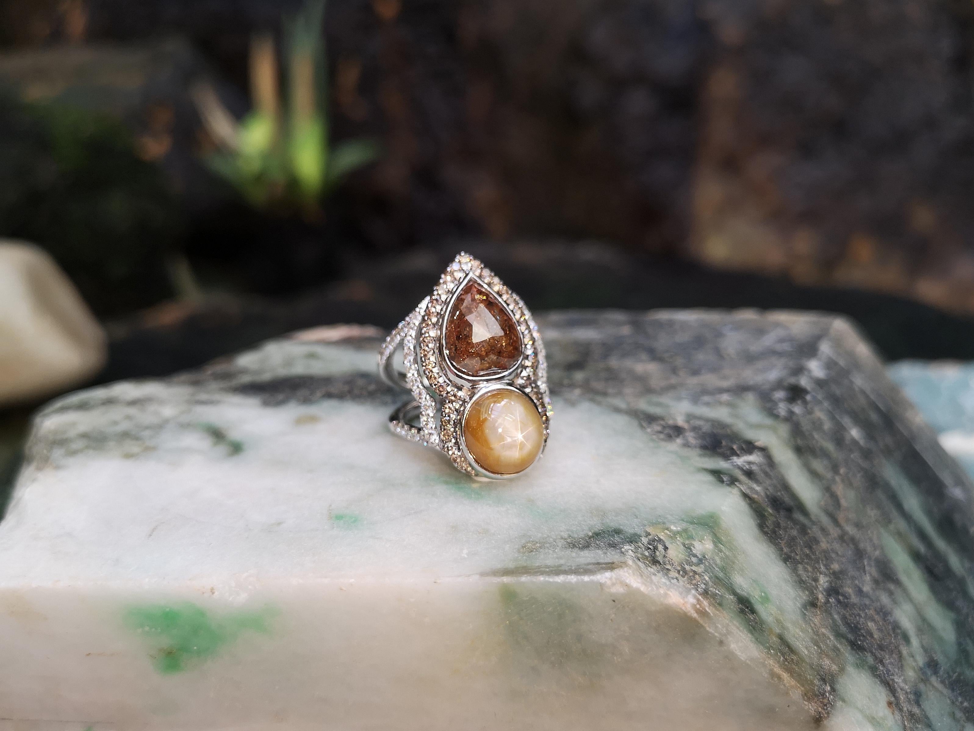 Rough Diamond, Yellow Star Sapphire and Diamond Ring Set in 18 Karat White Gold In New Condition For Sale In Bangkok, TH