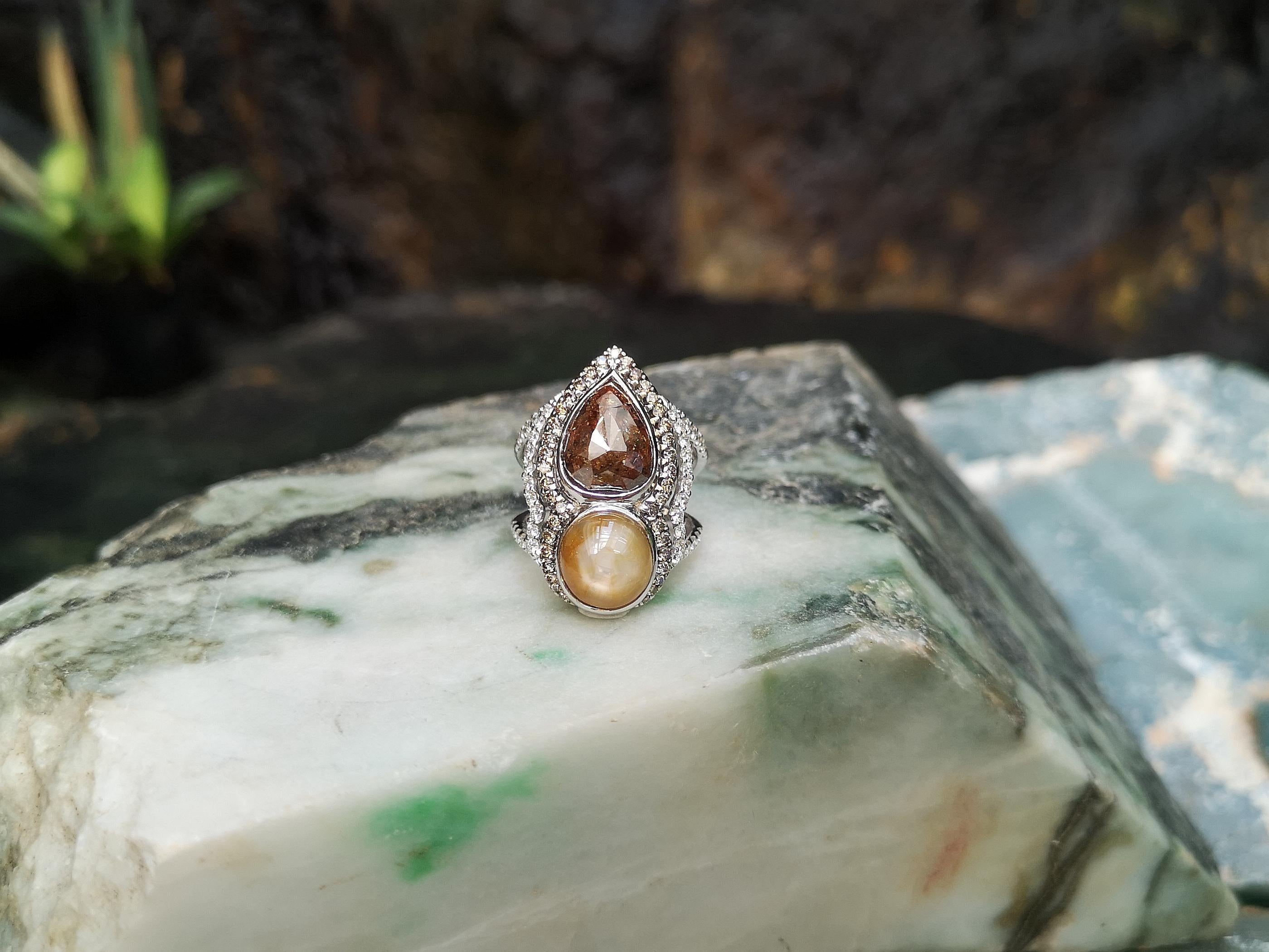 Women's or Men's Rough Diamond, Yellow Star Sapphire and Diamond Ring Set in 18 Karat White Gold For Sale