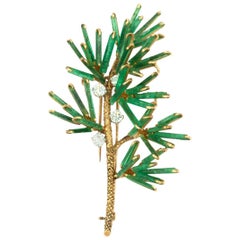 Rough Emerald and Diamond Floral Brooch 18 Karat Yellow Gold