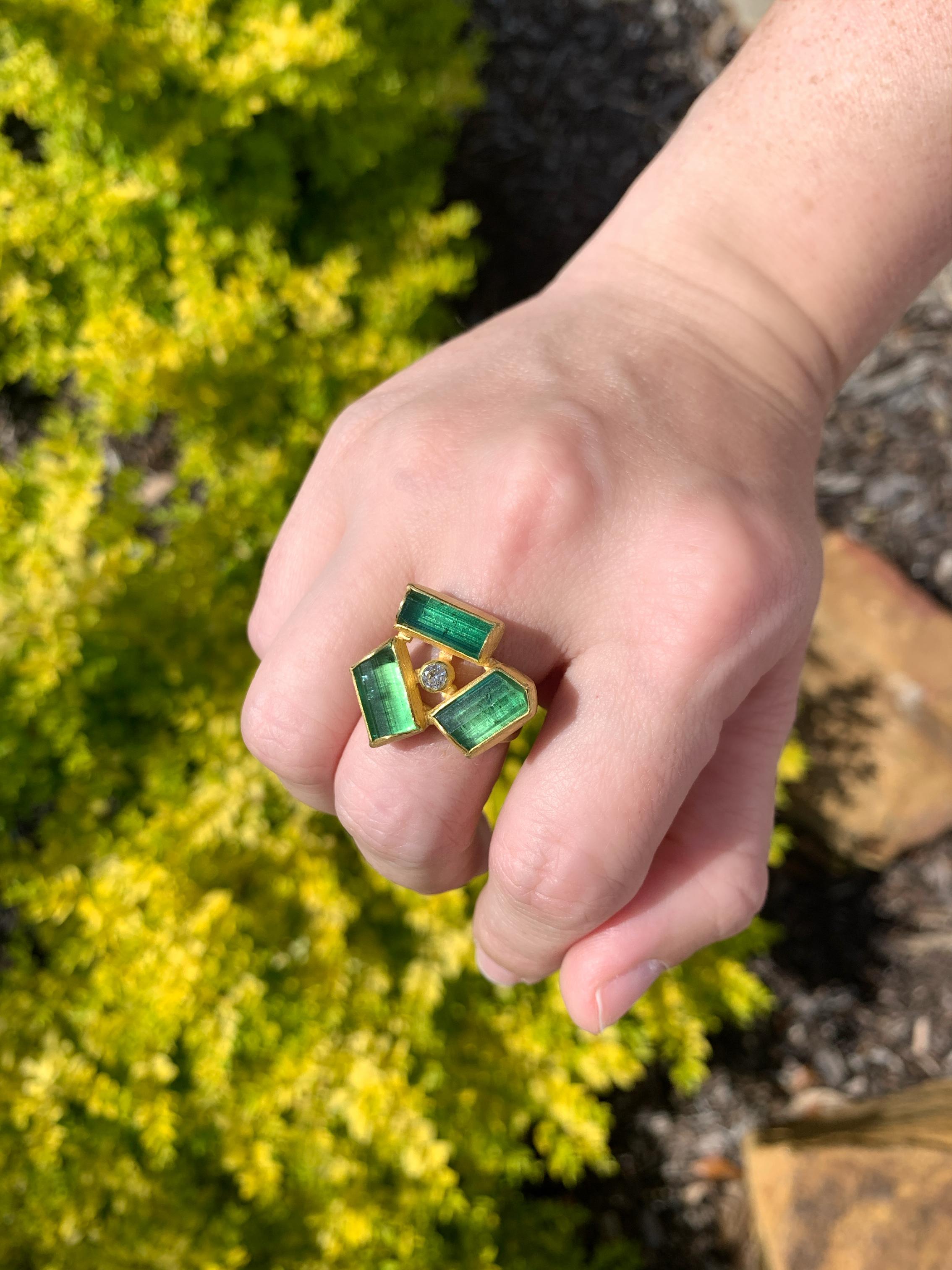 Contemporary Rough Green Tourmaline Brilliant White Diamond 22k Gold Ring, Petra Class 2023 For Sale