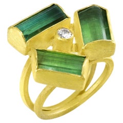 Grober grüner Turmalin Brillant Weißer Diamant 22k Gold Ring, Petra Class 2023