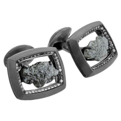 Rough Grey Diamond '6.6ct' Cufflinks in 18k Black Gold For Sale