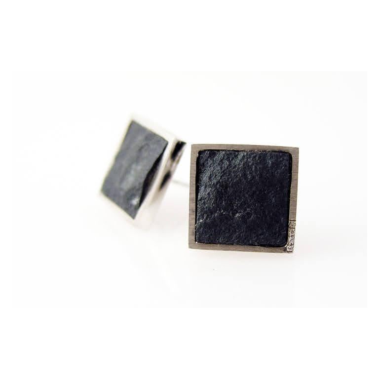 Contemporary Diamond Pave' in White Gold on Rough Hematite Square Stud Earrings For Sale