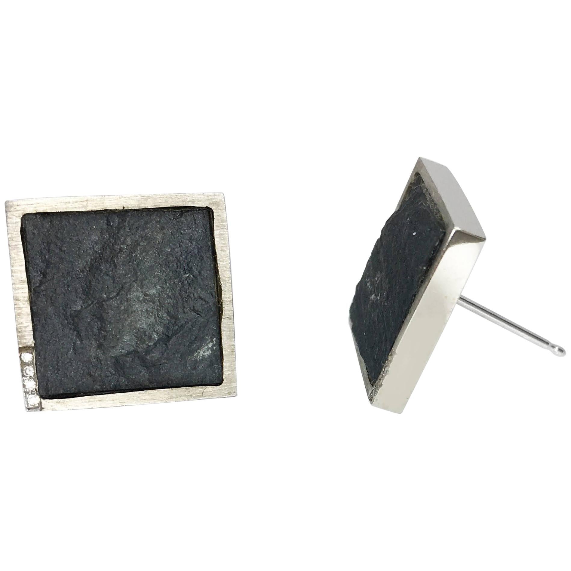 Diamond Pave' in White Gold on Rough Hematite Square Stud Earrings For Sale