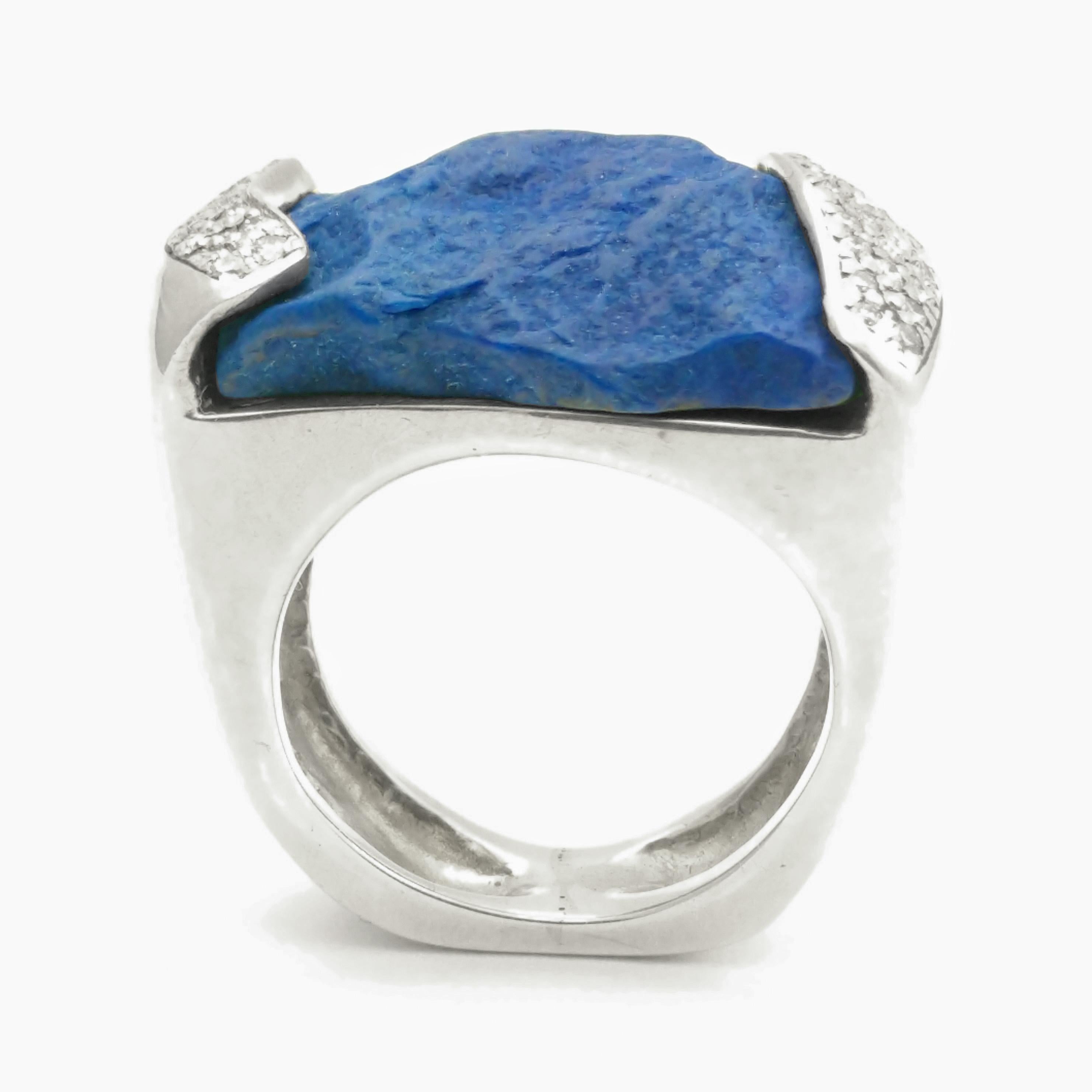 Round Cut Rough Lapis and Pave Diamonds Statement Ring Stylish Western Look in Silver For Sale