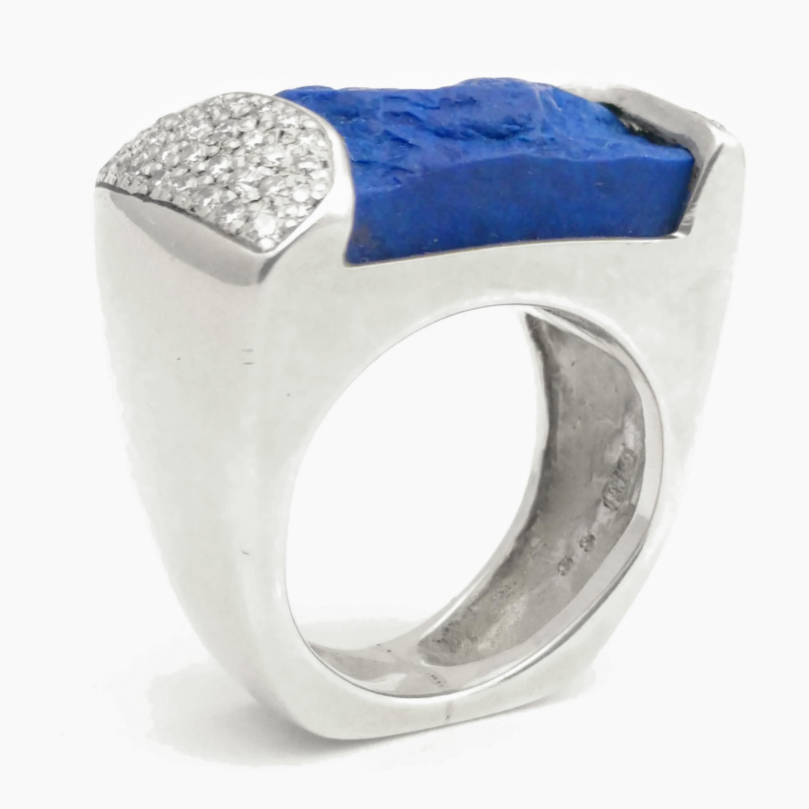 Rough Lapis and Pave Diamonds Statement Ring Stylish Western Look in Silver In New Condition For Sale In Scottsdale, AZ