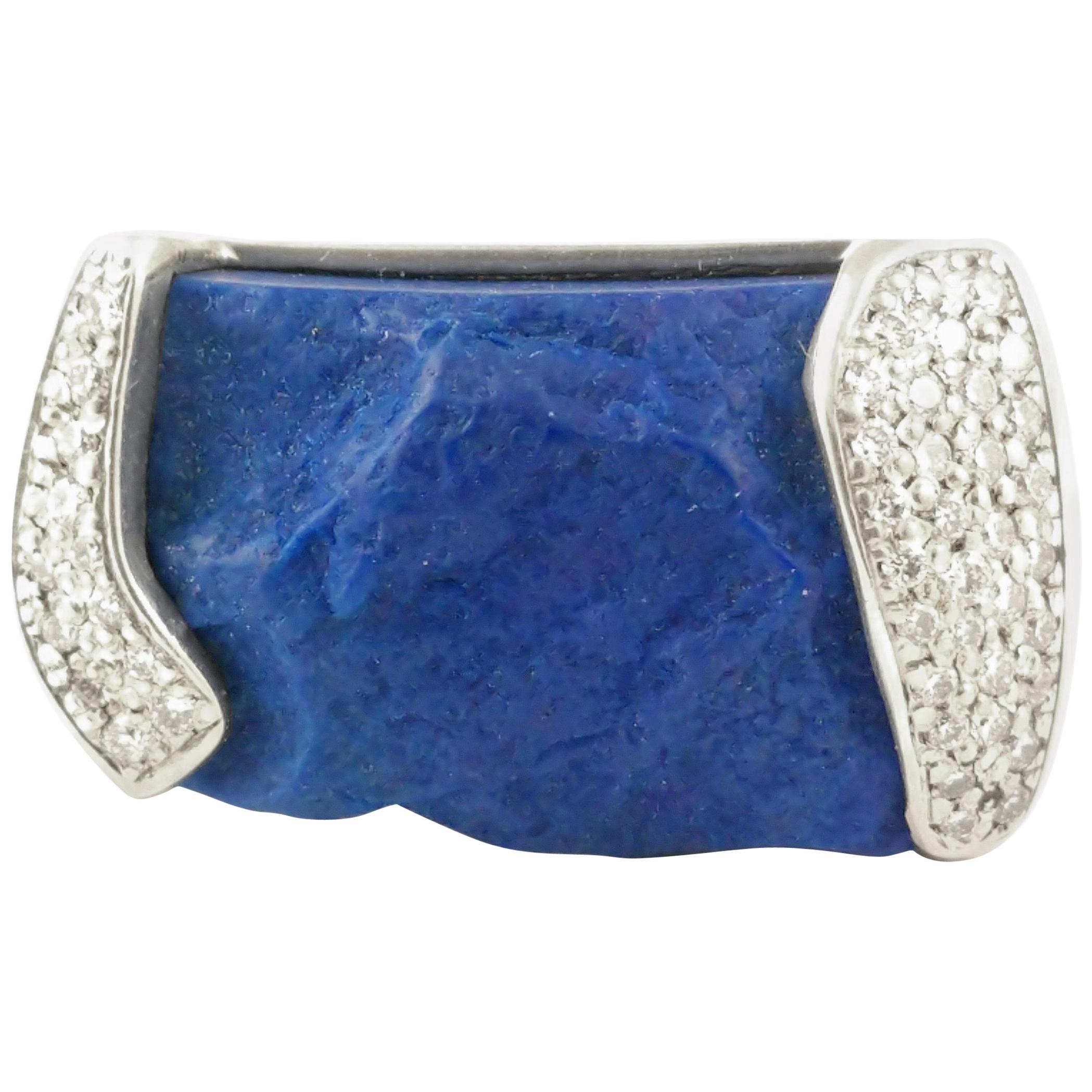 Rough Lapis and Pave Diamonds Statement Ring Stylish Western Look in Silver For Sale