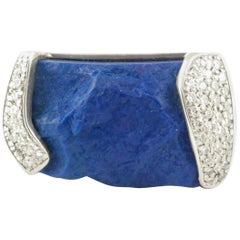 Rough Lapis and Pave Diamonds Statement Ring Stylish Western Look in Silver