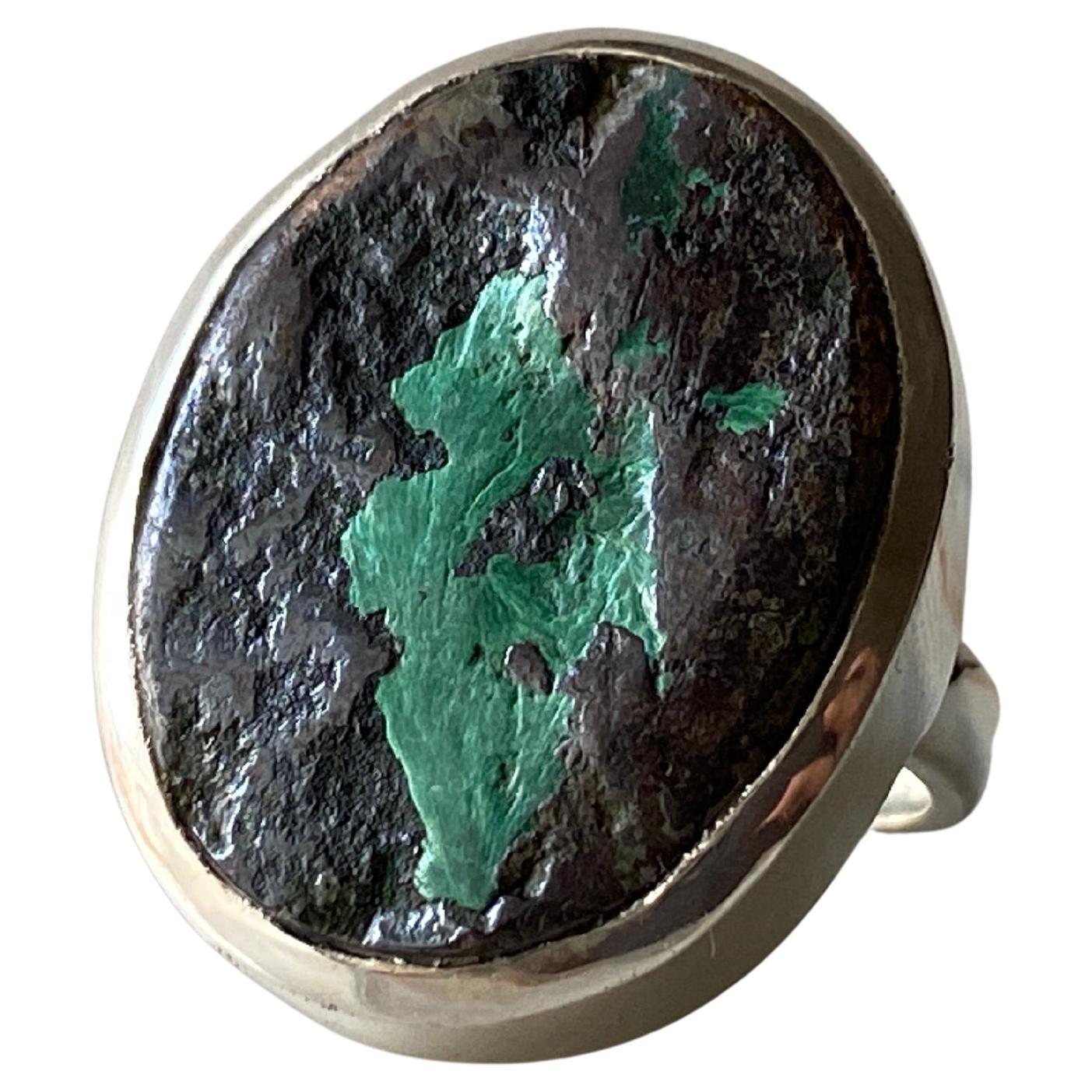 Rough malachite silver ring, raw malachite in matrix