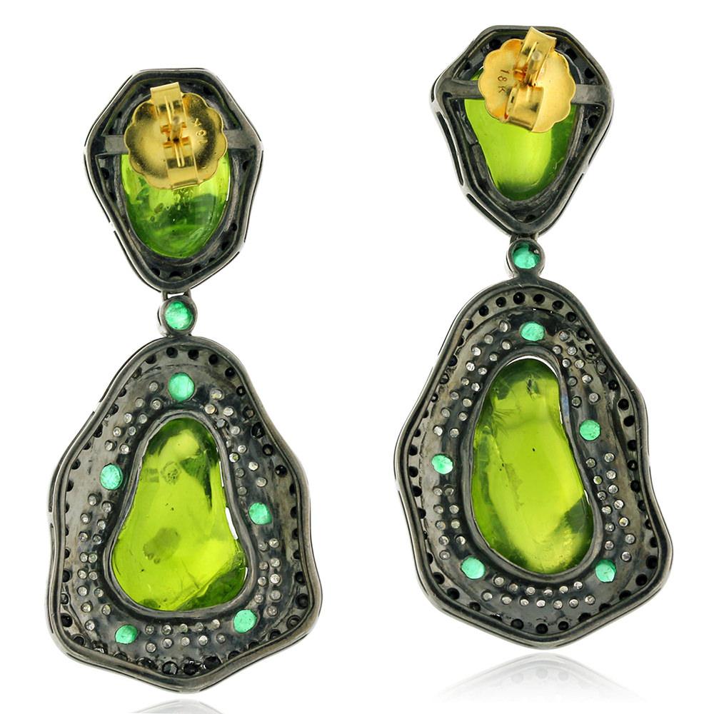 Artisan Rough Peridot, Emerald and Diamond Earring in Gold and Silver