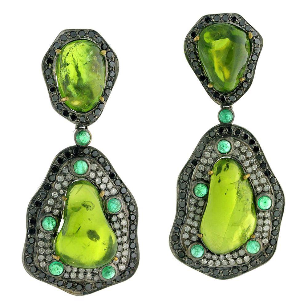 Rough Peridot, Emerald and Diamond Earring in Gold and Silver