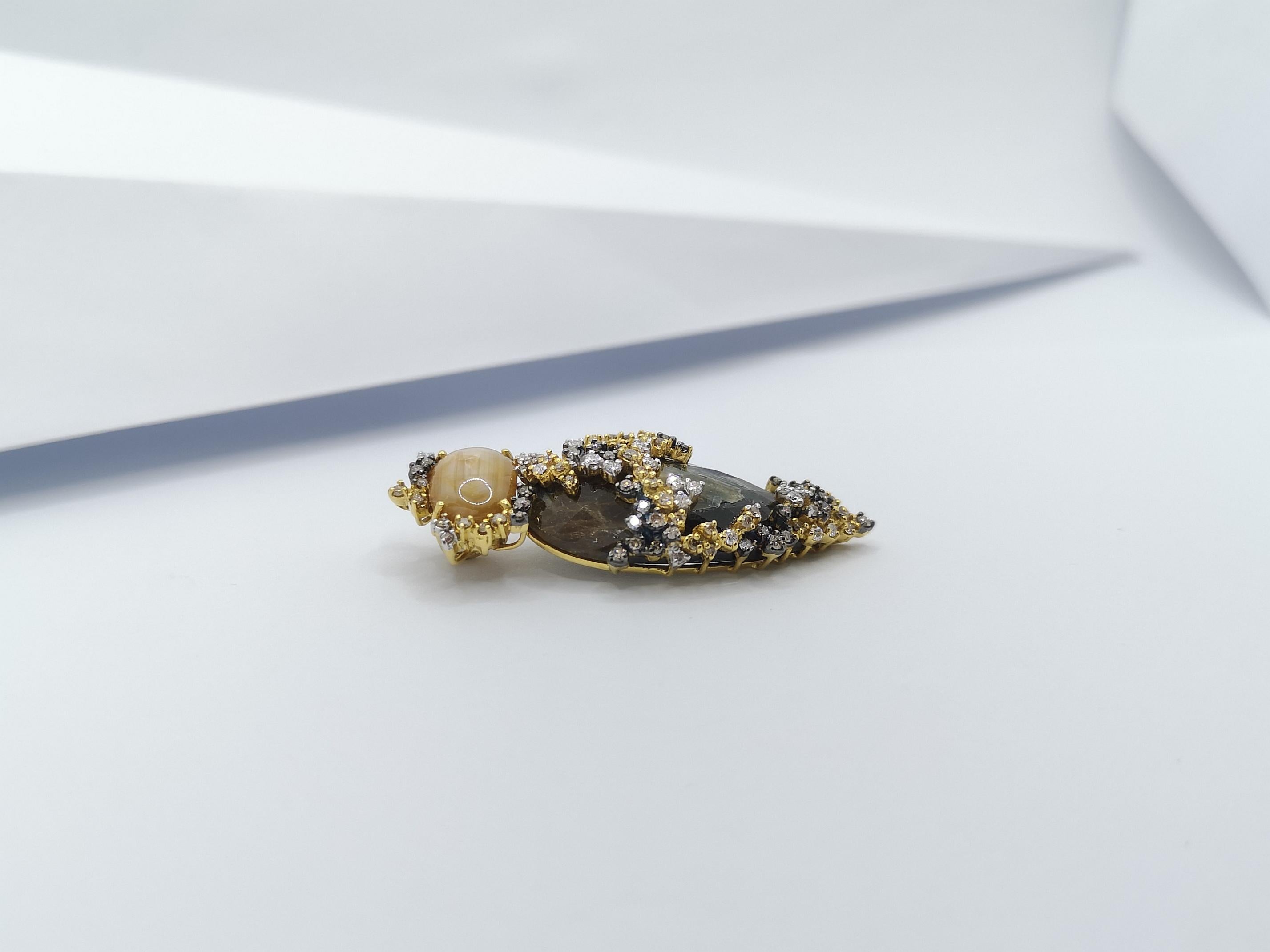 Mixed Cut Rough Sapphire, Yellow Star Sapphire, Brown Diamond Pendant Set in 18 Karat Gold For Sale