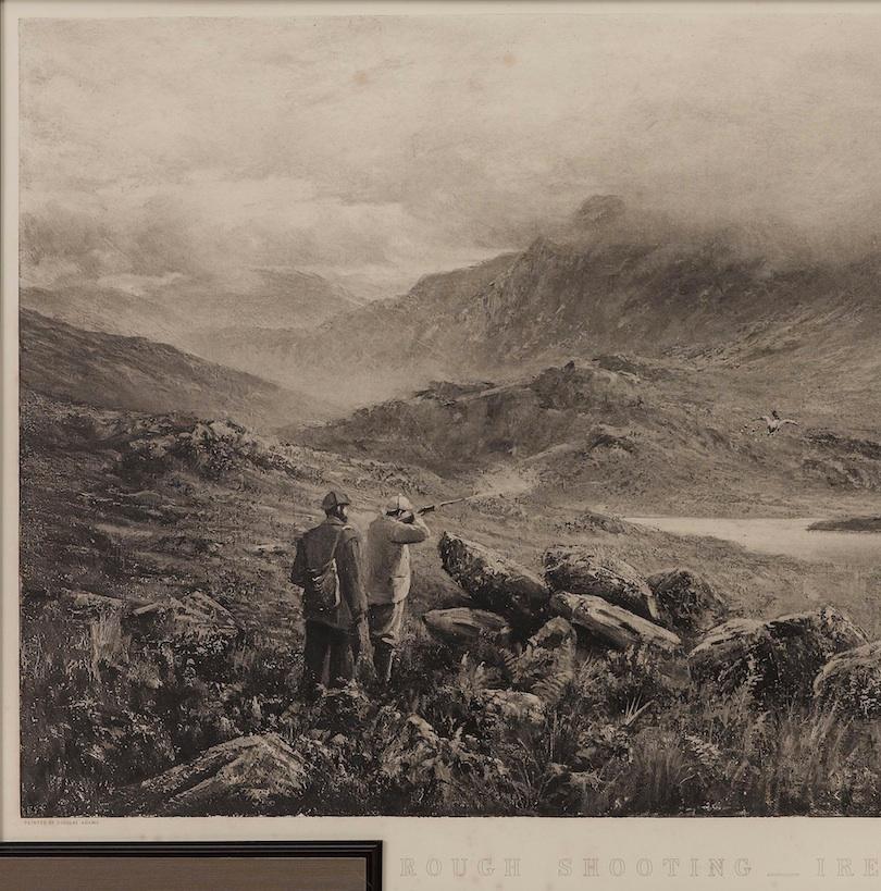 This is a first edition print of Rough Shooting, signed by the artist, Douglas Adams. The print was published by Thomas McLean and depicts a highlands shooting scene. A group of hunters are huddled together in the foreground of the print, with one