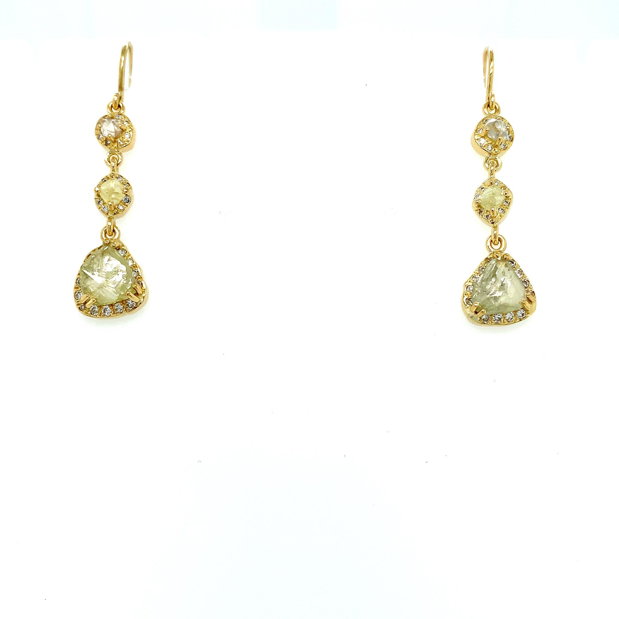 Rough Cut Rough yellow diamond art deco drop earrings 18k yellow gold For Sale