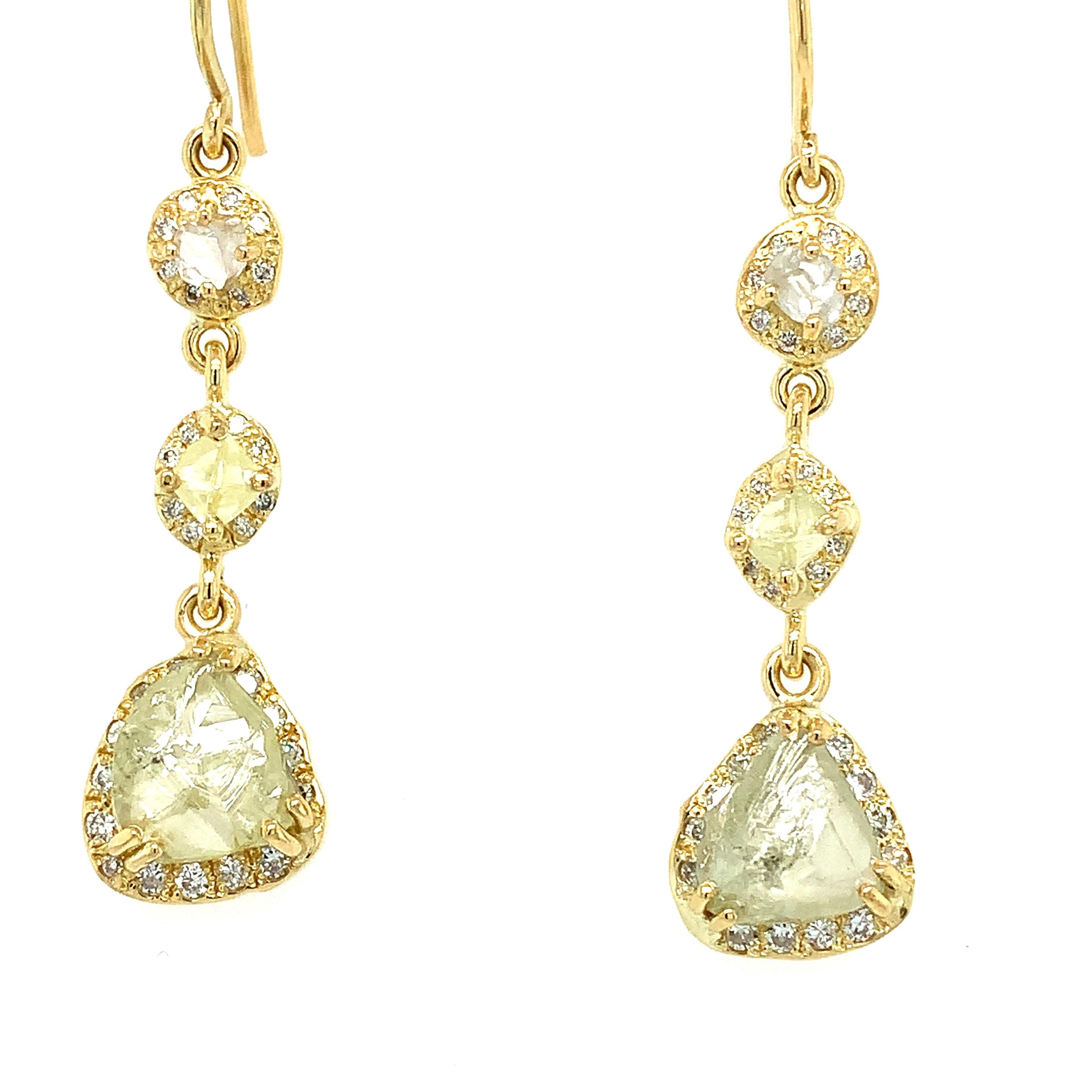 Rough yellow diamond art deco drop earrings 18k yellow gold In New Condition For Sale In London, GB