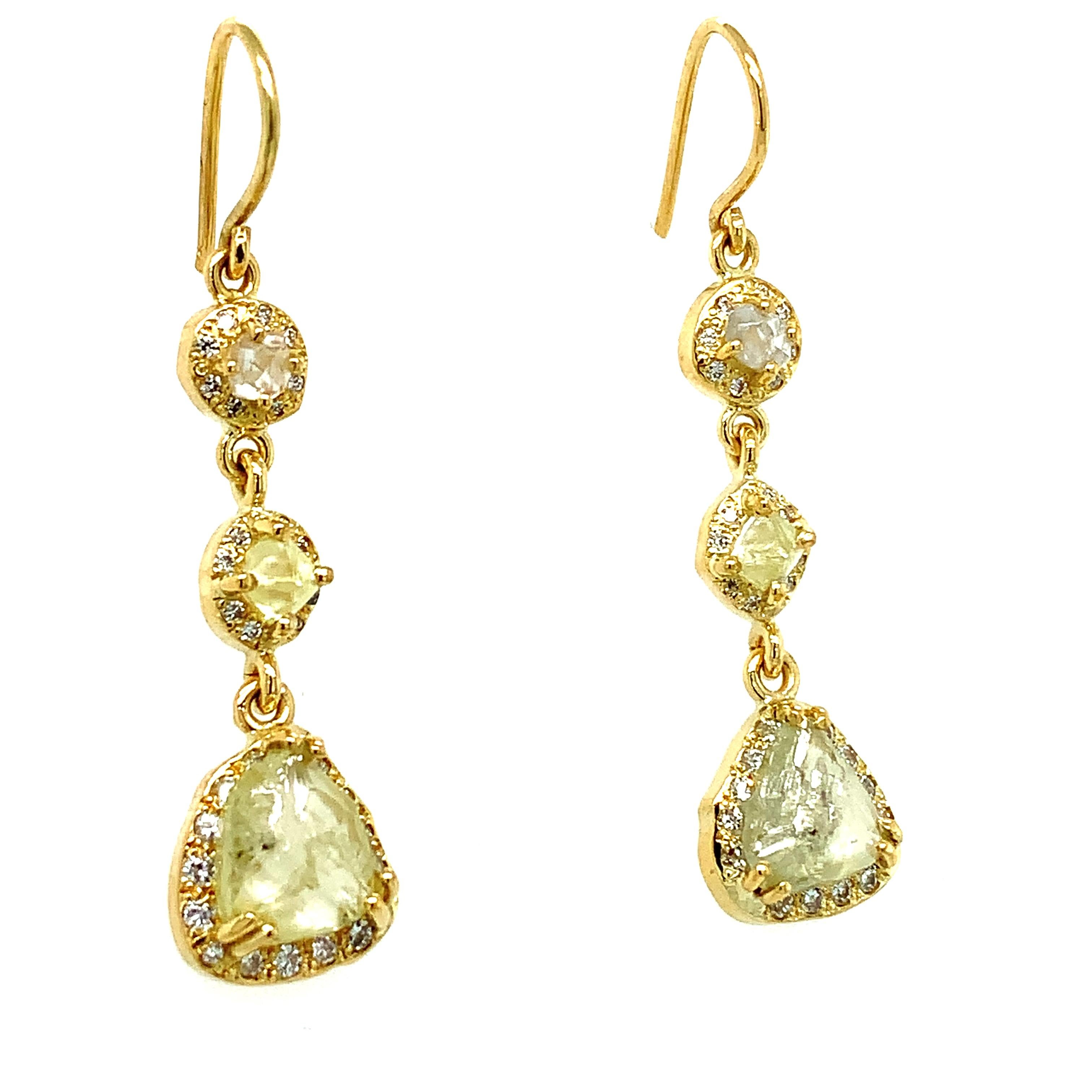 Women's Rough yellow diamond art deco drop earrings 18k yellow gold For Sale