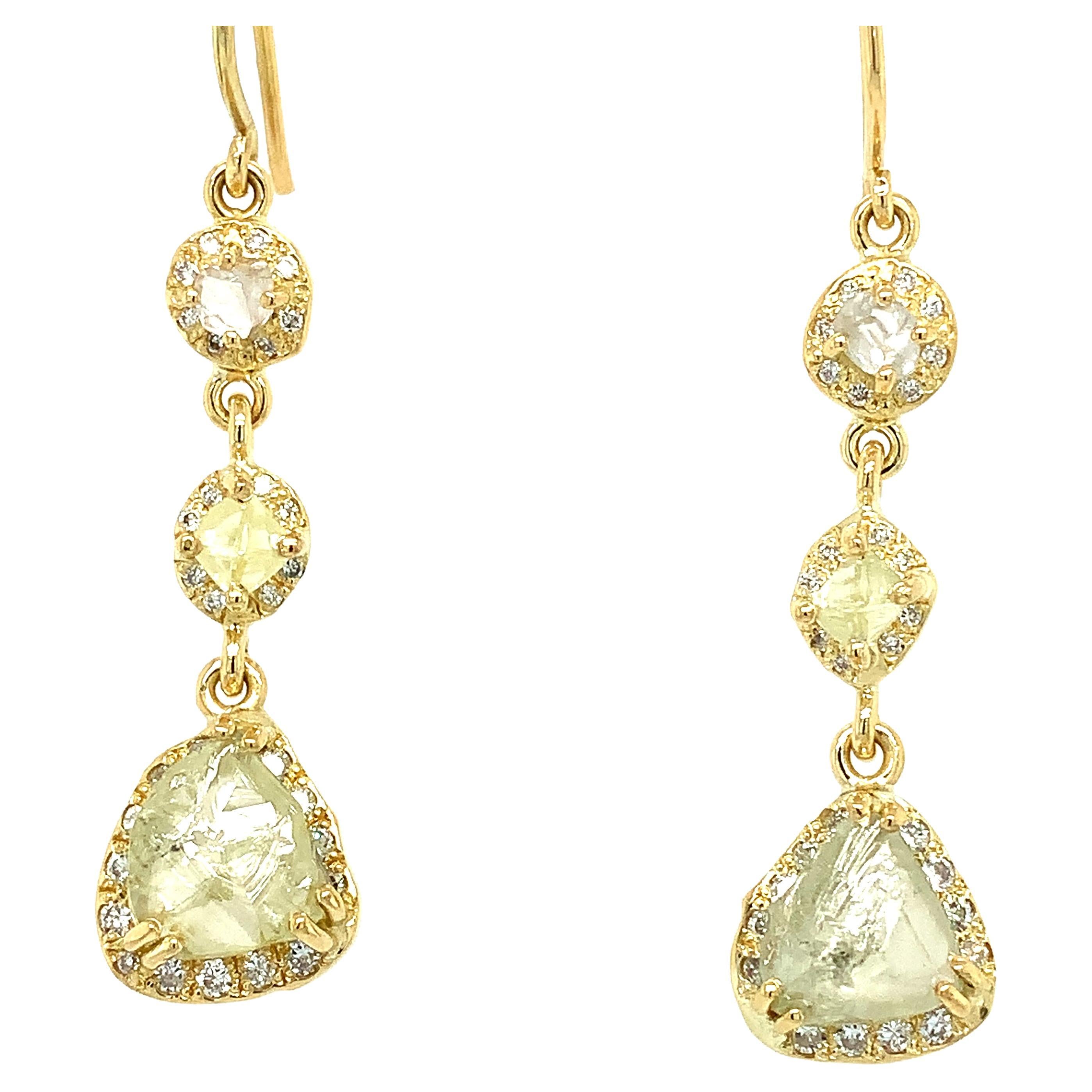 Rough yellow diamond art deco drop earrings 18k yellow gold