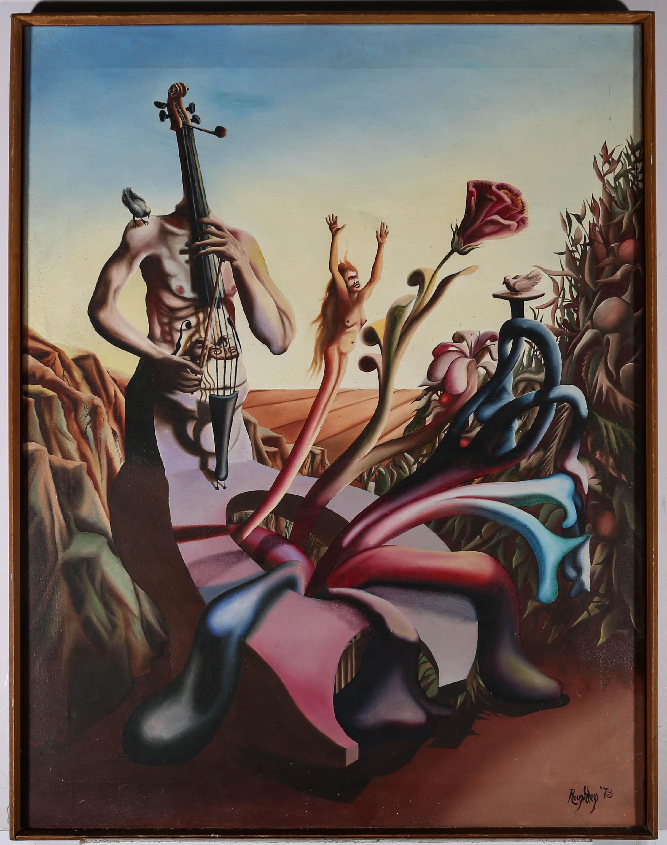 A bizarre and magical Surrealist composition in oil from the 1970s. The scene shows a strange human torso that morphs with a cello into a musical hybrid. Strange shapes pour out from the creature, a woman reaching for the sky, a red rose and a dove,