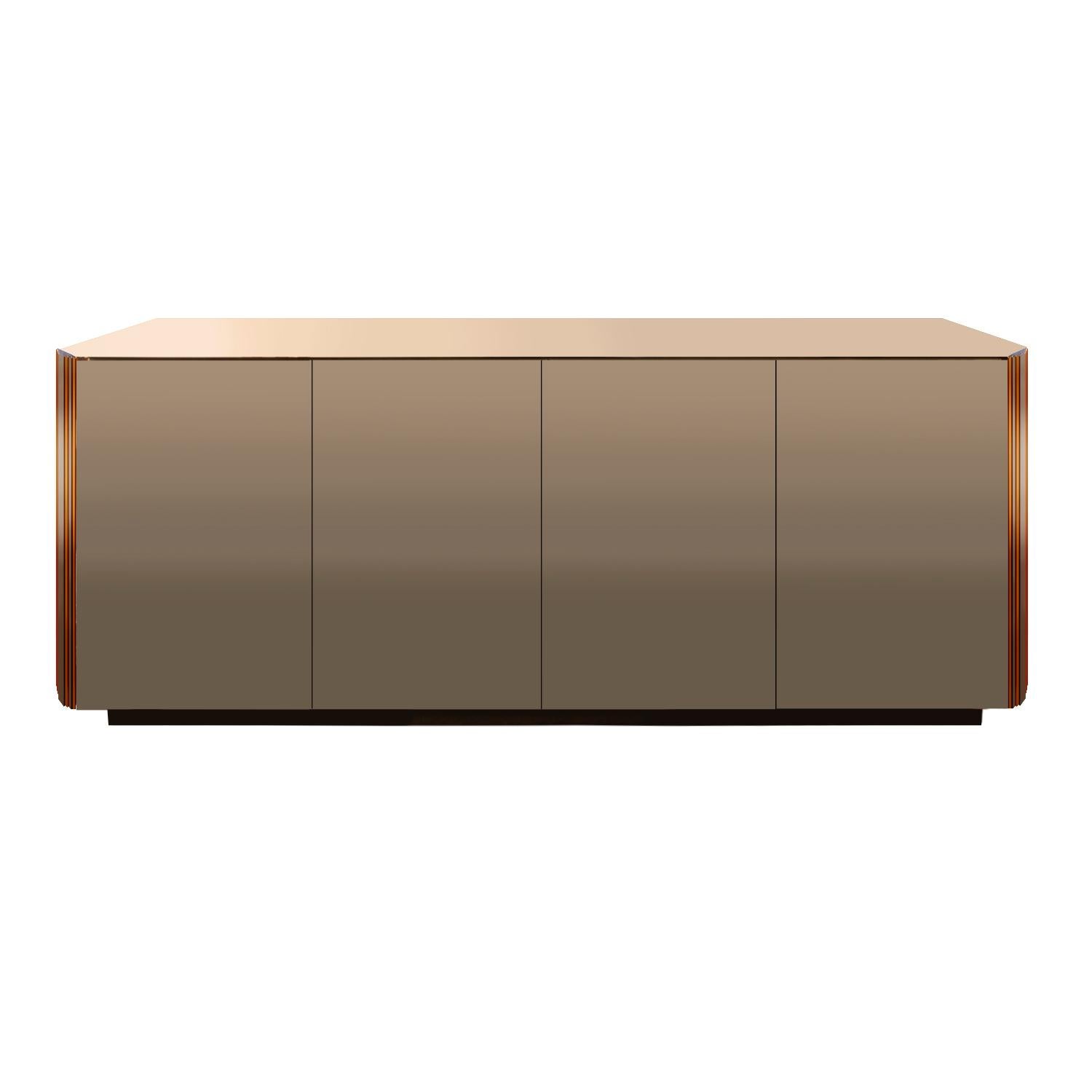 Rougier Chic 4-Door Credenza in Bronze Glass and Peach Glass 1970s 'Signed'
