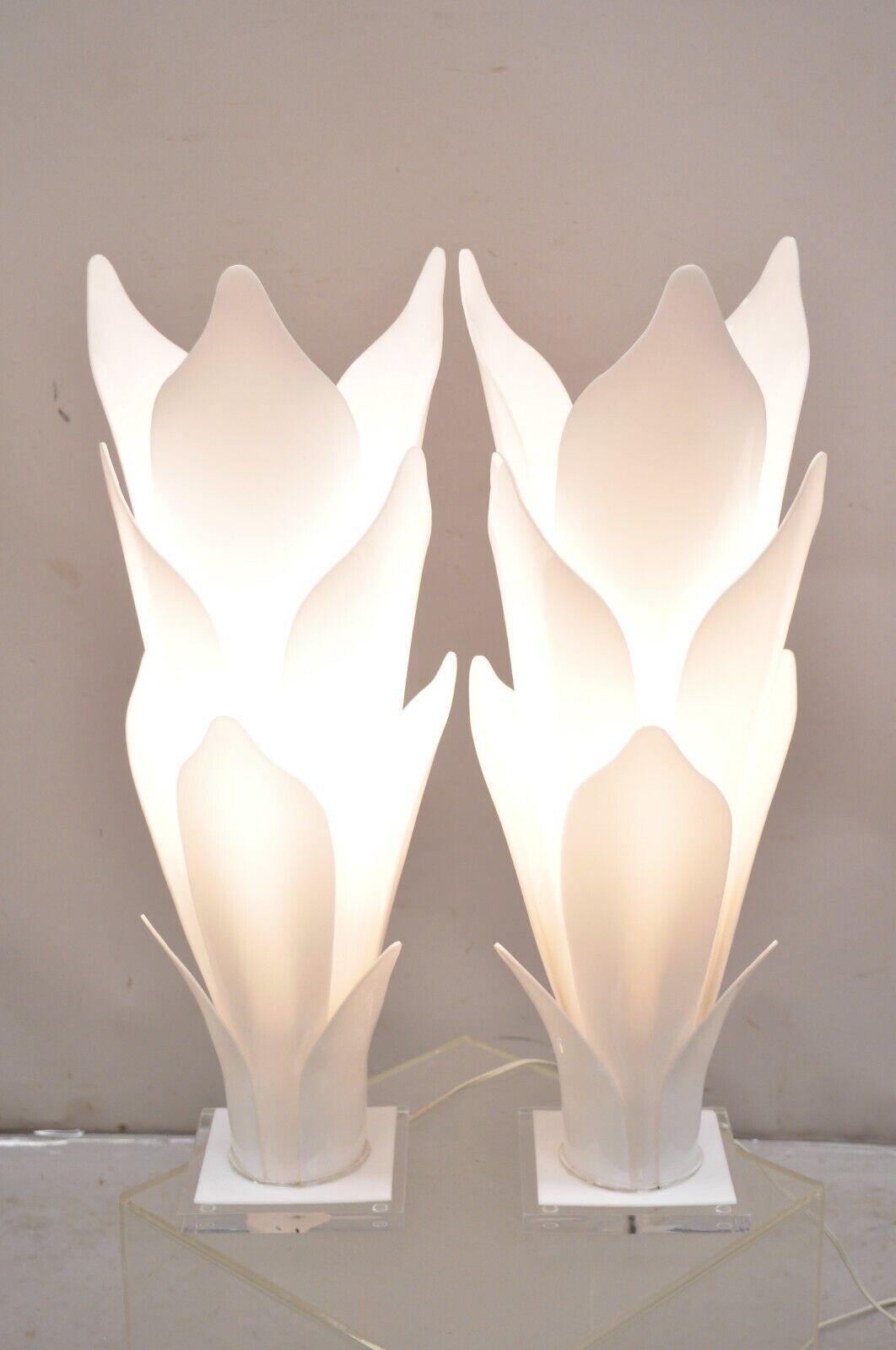 Mid-Century Modern Rougier White Acrylic Lucite Tulip Flower Leaf Mid Century Table Lamps - a Pair For Sale