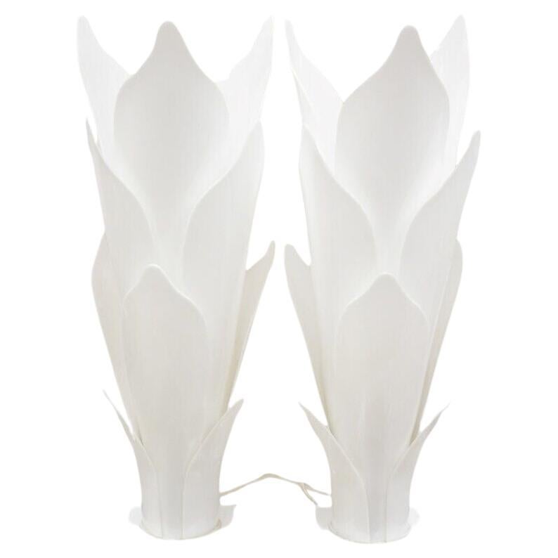 Paire de lampes de table Rougier en acrylique blanc Lucite Tulipe Feuille de fleur - Mid Century