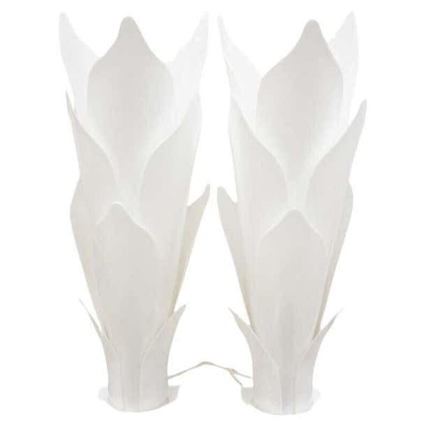 Rougier White Acrylic Lucite Tulip Flower Leaf Mid Century Table Lamps ...