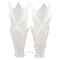 Retro Rougier White Acrylic Lucite Tulip Flower Leaf Mid Century Table Lamps - a Pair