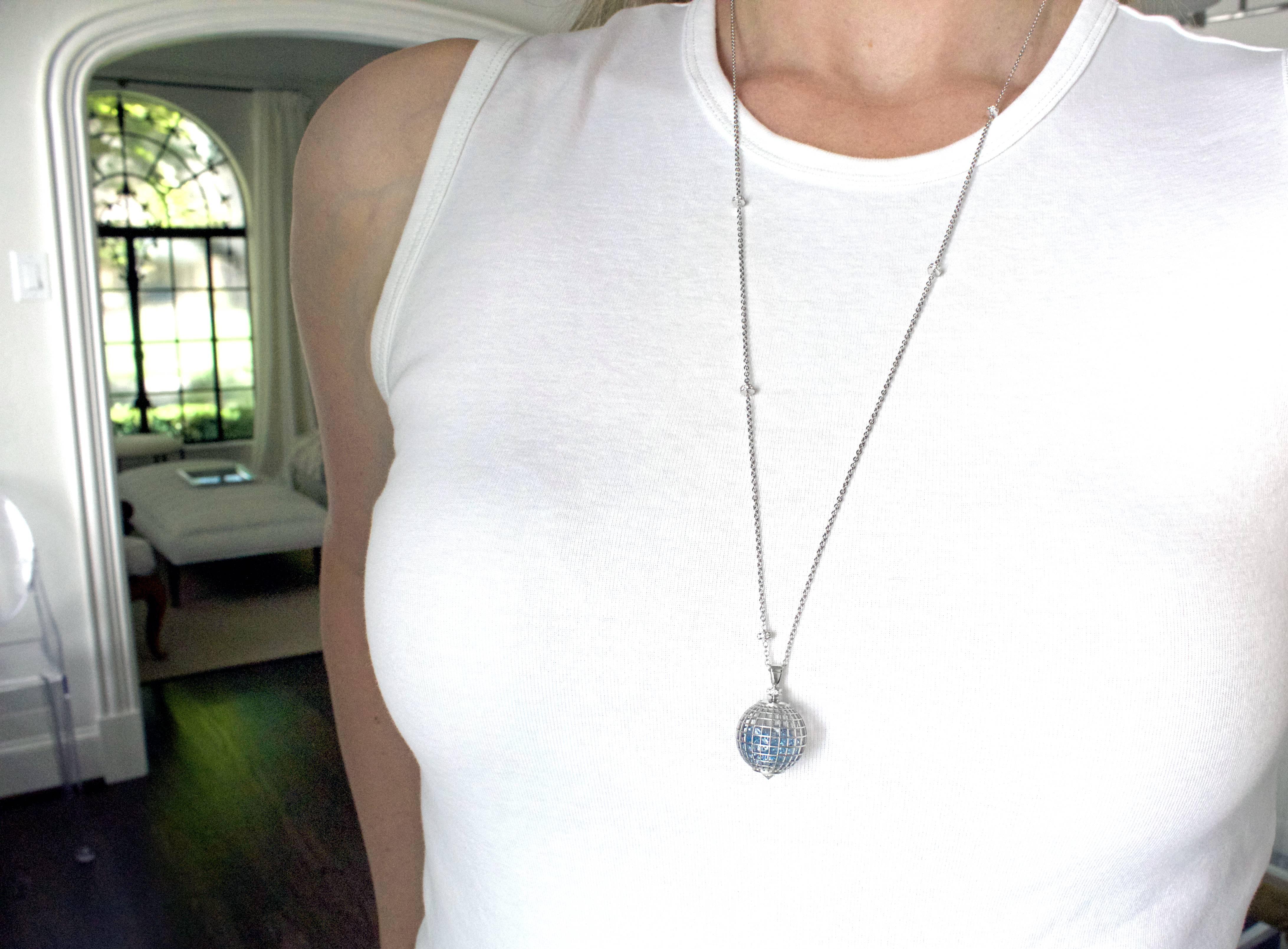 Round Cut Roule and Co. Aquamarine White Diamond Sapphire Long Gold Shaker Globe Necklace