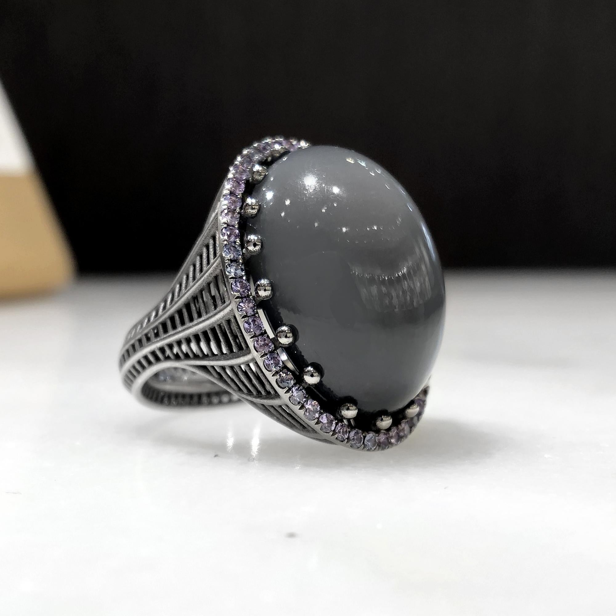 Contemporary Fine Gray Moonstone Color-Change Garnet Black Gold Cabochon Ring, Roule and Co.