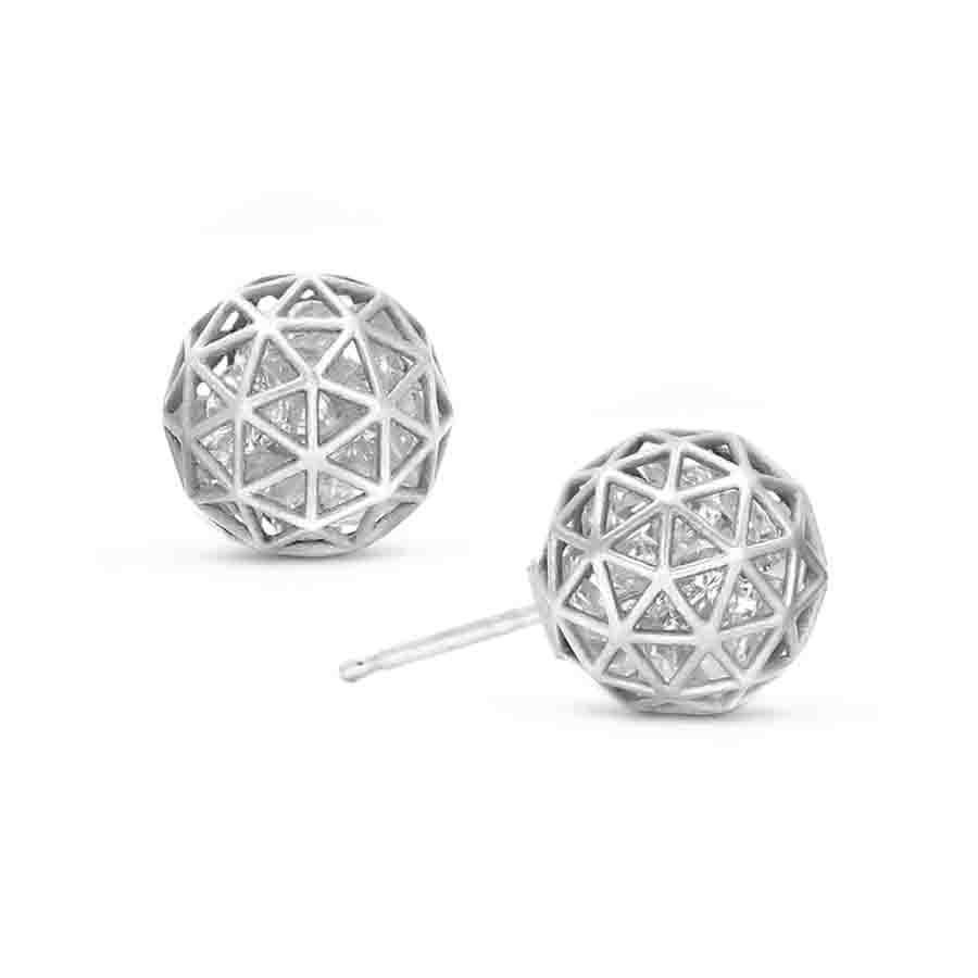 Shaker Stud Earrings handmade in New York by Roule and Co. featuring shimmering faceted round white sapphire floating within a matte-finished spherical 18k white gold cage. 

About the Maker - Architectural and dynamic, the Roule & Company Wired