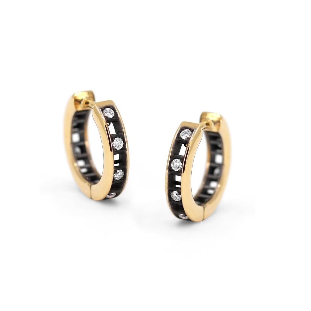 Open Set Pixel Dust Hoop Earrings by jewelry artist Roule and Co. hand-fabricated in high-polished 18k yellow gold and satin-finished 18k black gold beautifully accented with 0.20 total carats of round brilliant-cut white diamonds. Stamped and