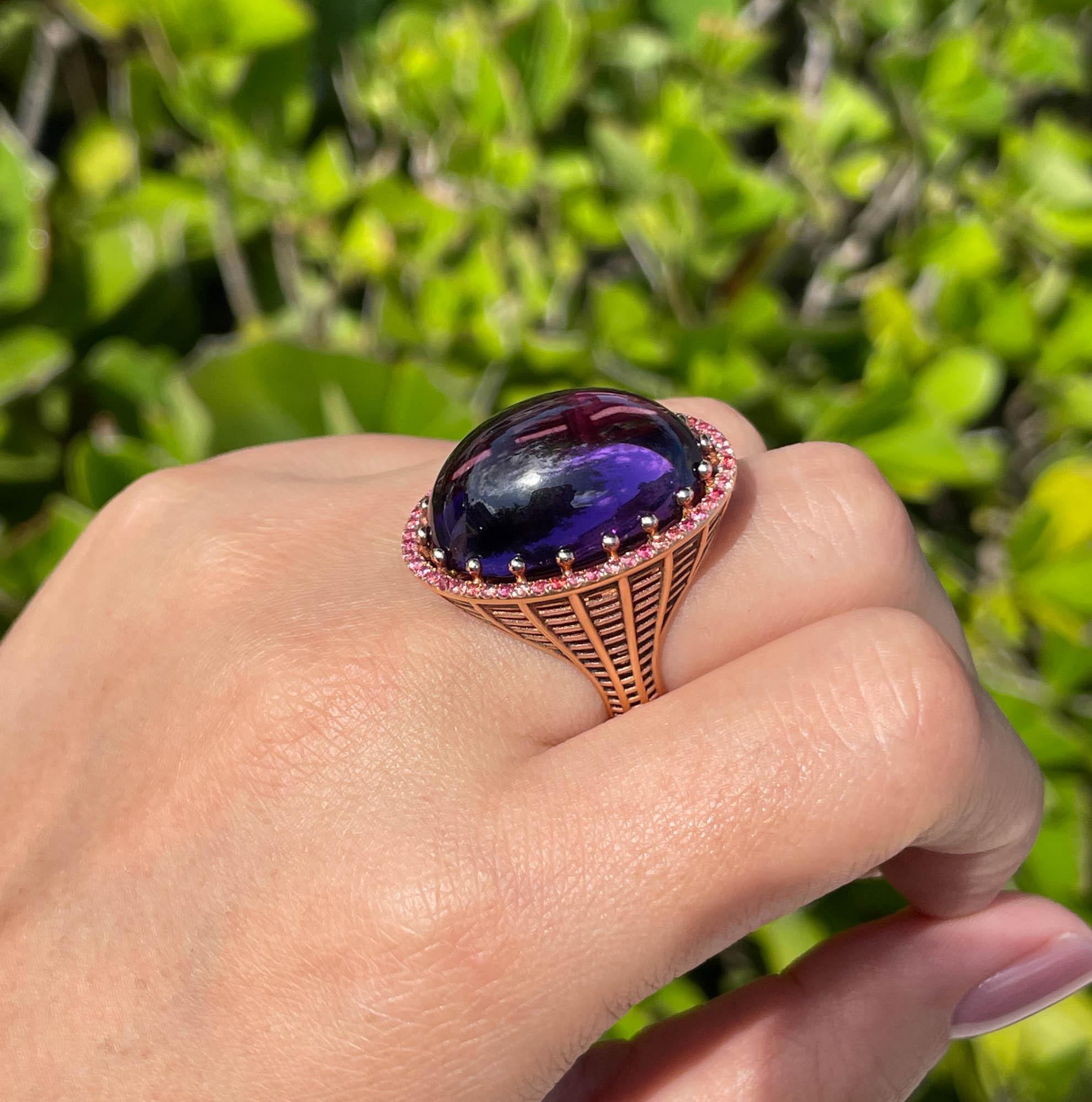 Roule & Co Amethyst Cabochon and Pink Sapphire 18k Rose Gold Cocktail Ring For Sale 1