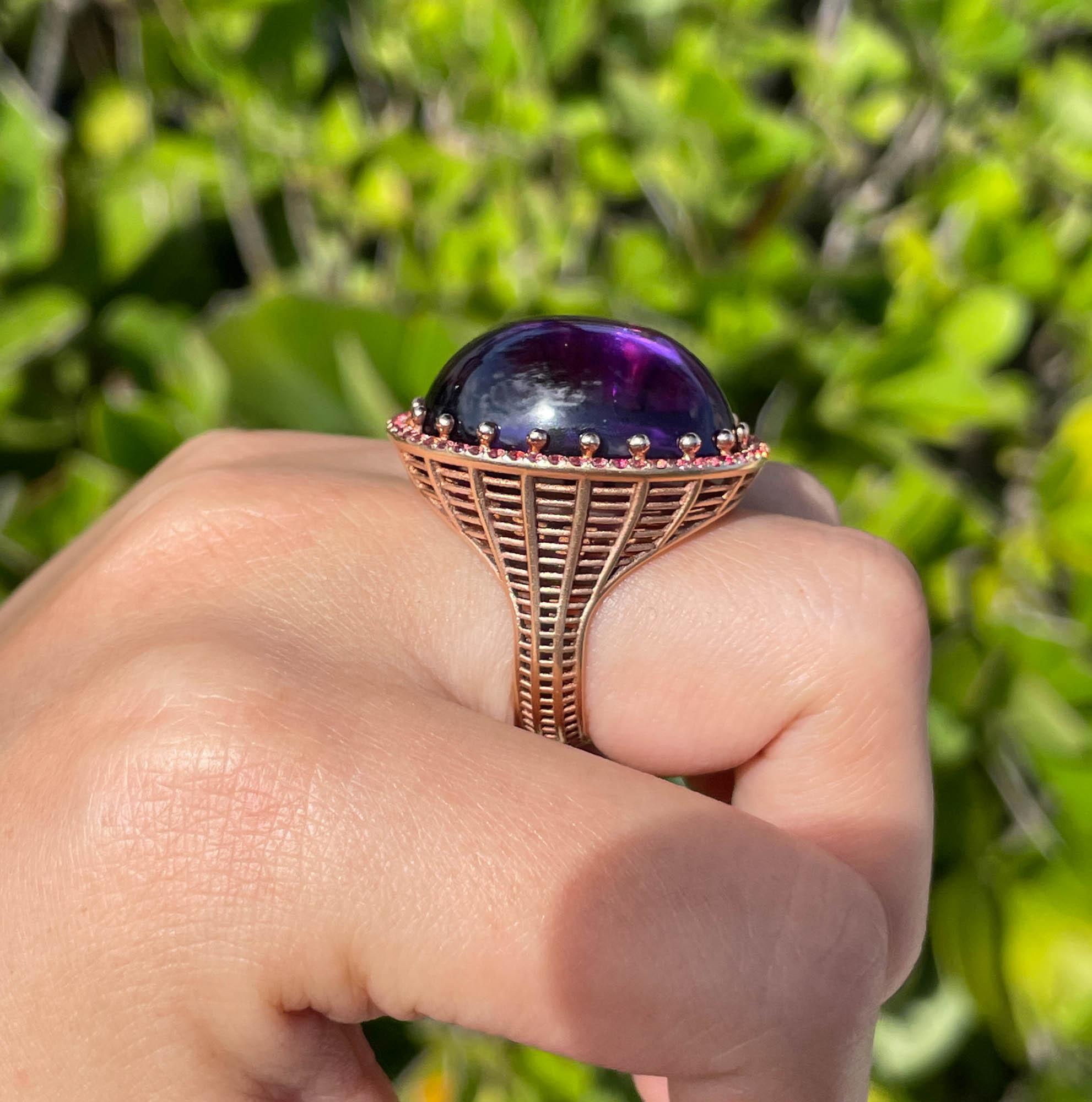 Roule & Co Amethyst Cabochon and Pink Sapphire 18k Rose Gold Cocktail Ring For Sale 2