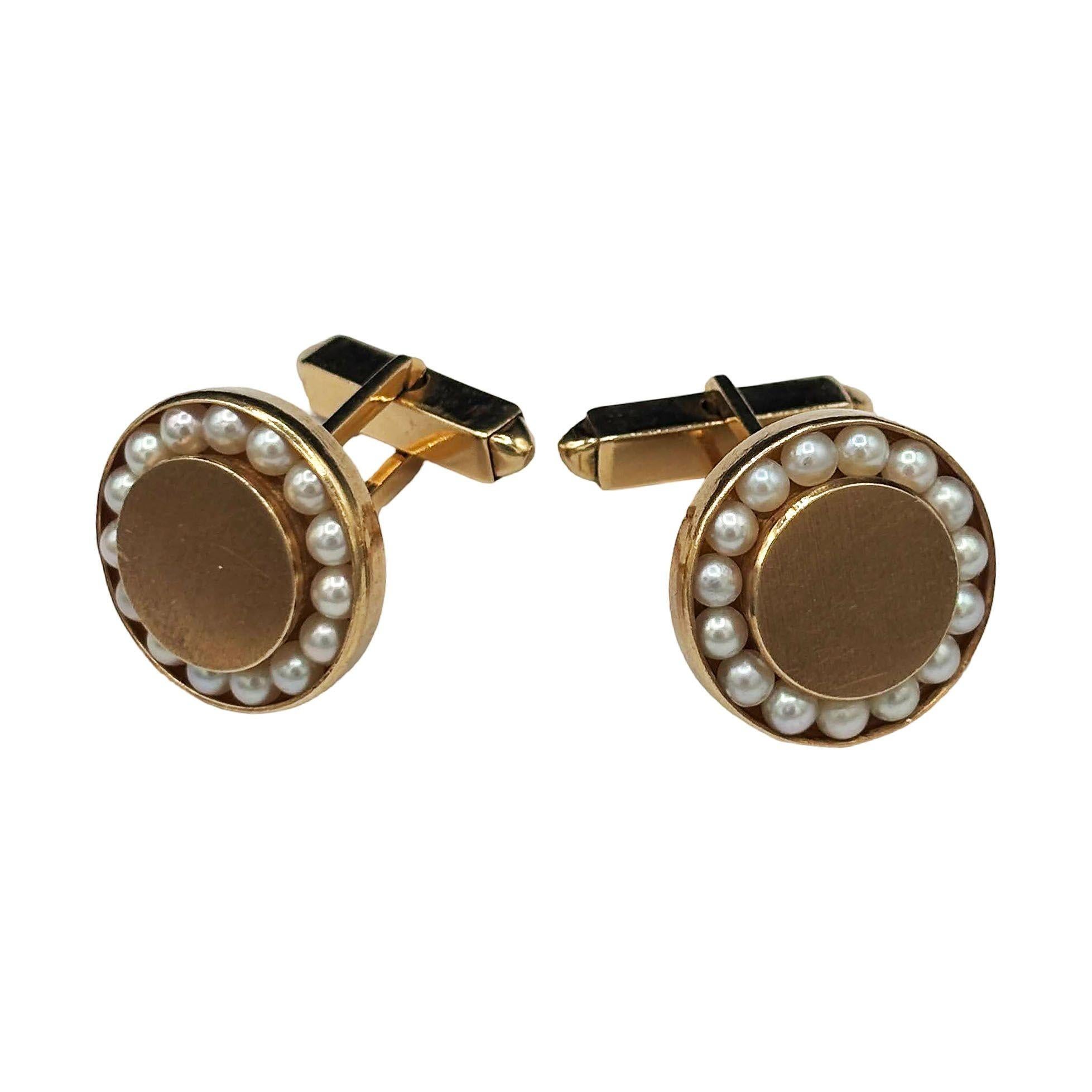 Mid-Century Modern Boutons de manchette en perles rondes de 14 carats avec fermoir à boucle et épingle à revers en vente