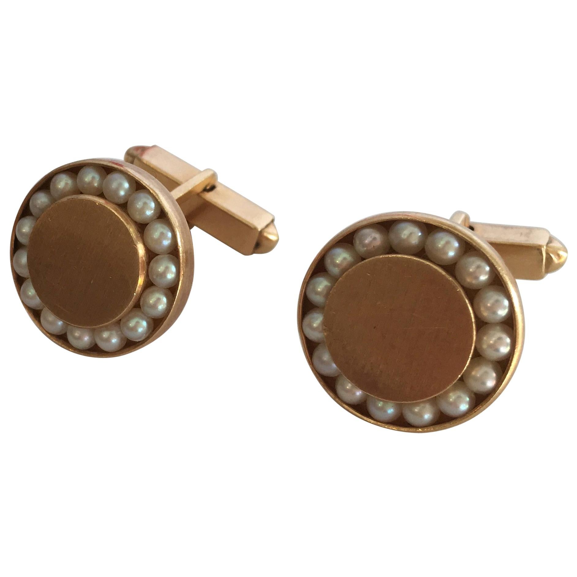 Round 14-Karat Pearl Cufflinks with Bullet Back Clasp and Lapel Pin