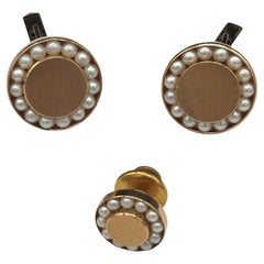 Boutons de manchette en perles rondes de 14 carats avec fermoir à boucle et épingle à revers