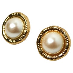 Round 14k Gold Plated Costume Pearl Earrings circa 1980s