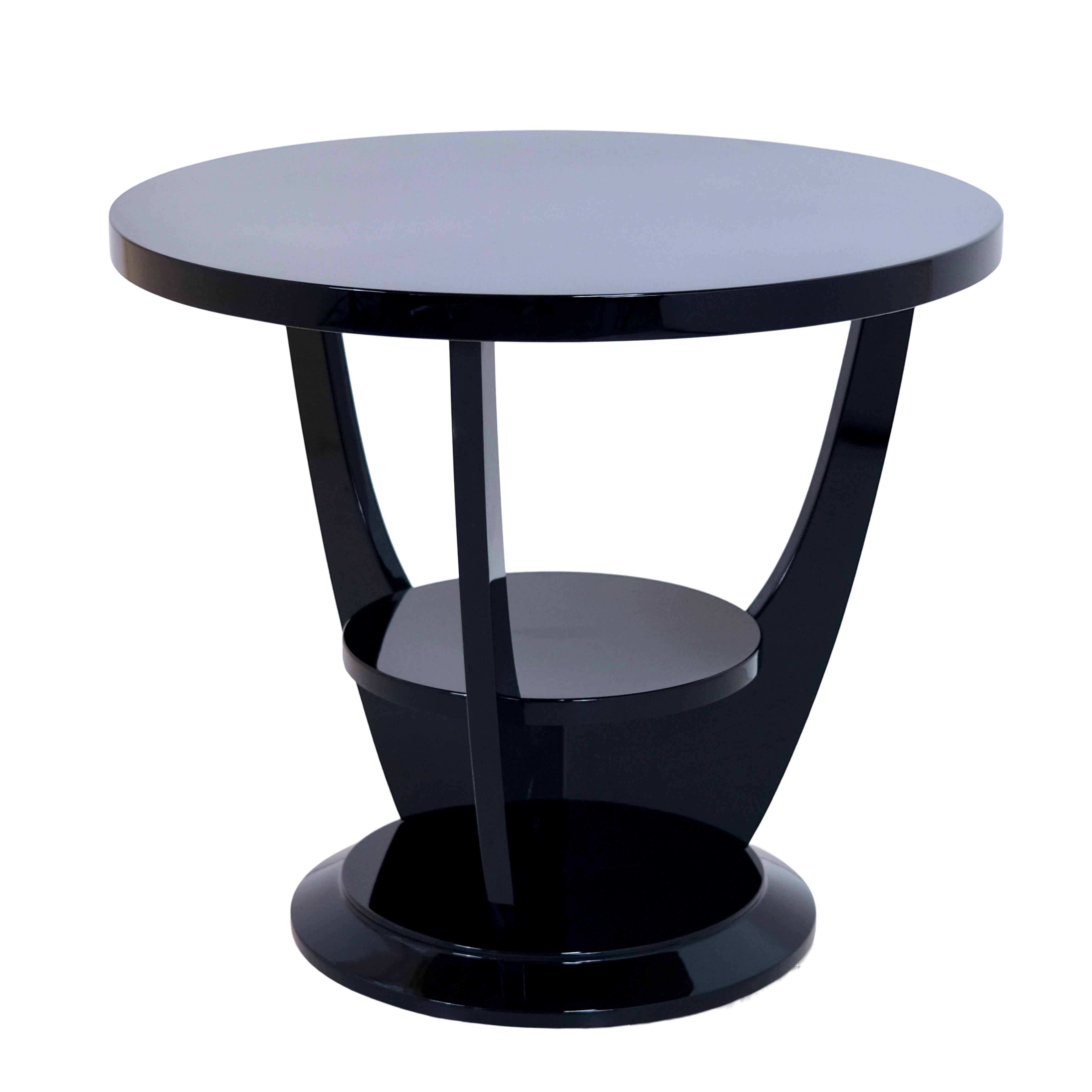 Blackened Round 1930's French Art Deco Side Table in Black Lacquer with Intermediate Shelf