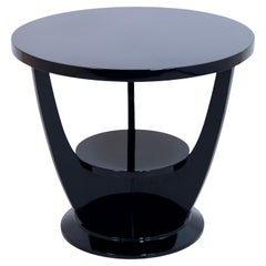 Round 1930's French Art Deco Side Table in Black Lacquer with Intermediate Shelf