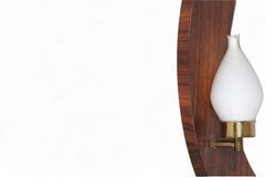 Round 1960s Vintage Danish Rosewood Wall Mirror + Sconce