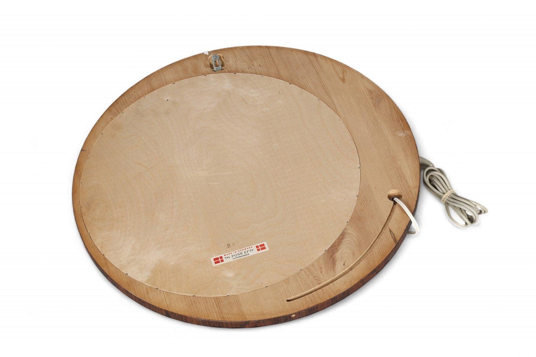 Specchio da parete rotondo in palissandro danese vintage del 1960 + applique in vendita 1