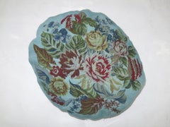 Round 20th Century Floral Blue Over-Dyed Portuguese Needlepoint Pillow