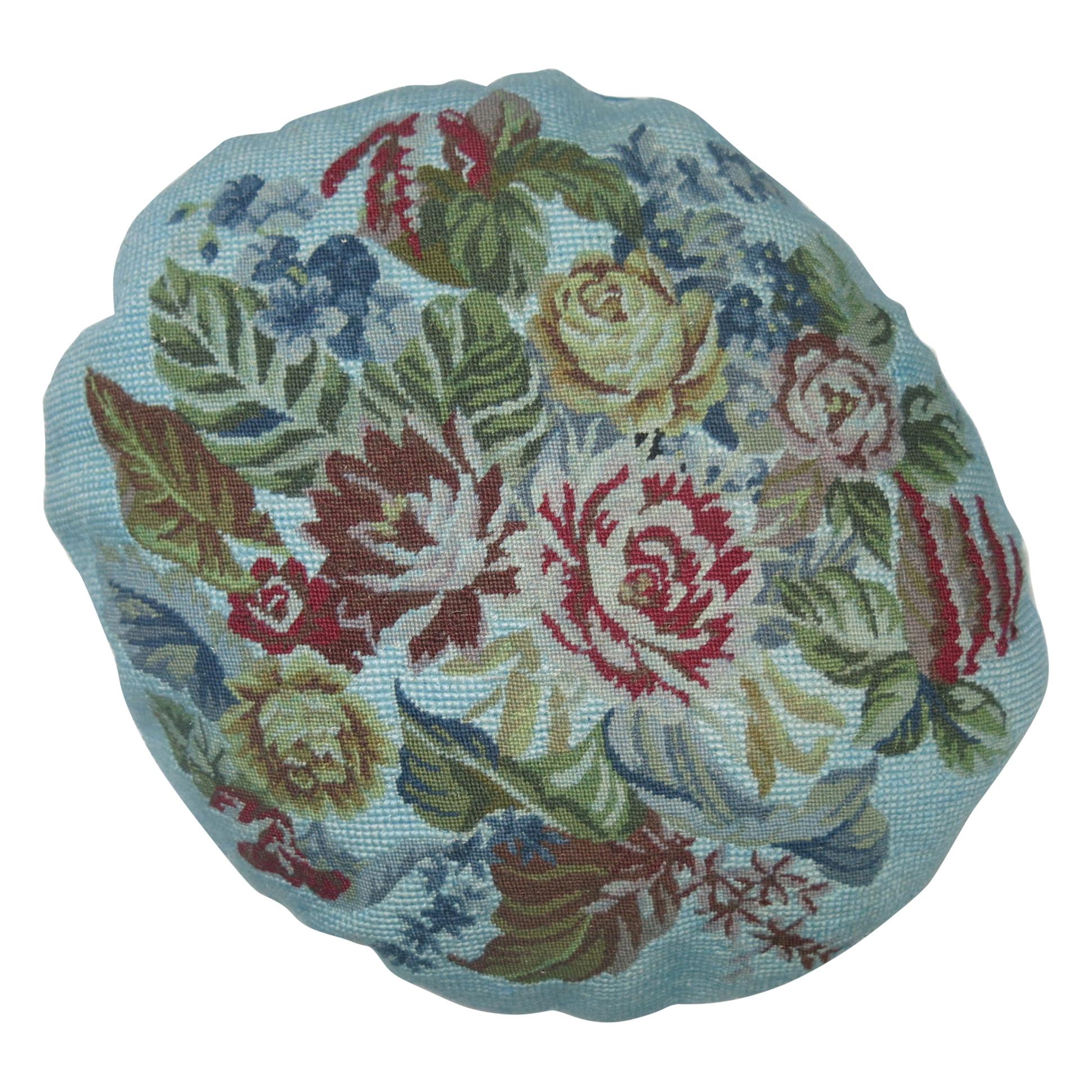 Round 20th Century Floral Blue Over-Dyed Portuguese Needlepoint Pillow