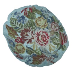 Vintage Round 20th Century Floral Blue Over-Dyed Portuguese Needlepoint Pillow