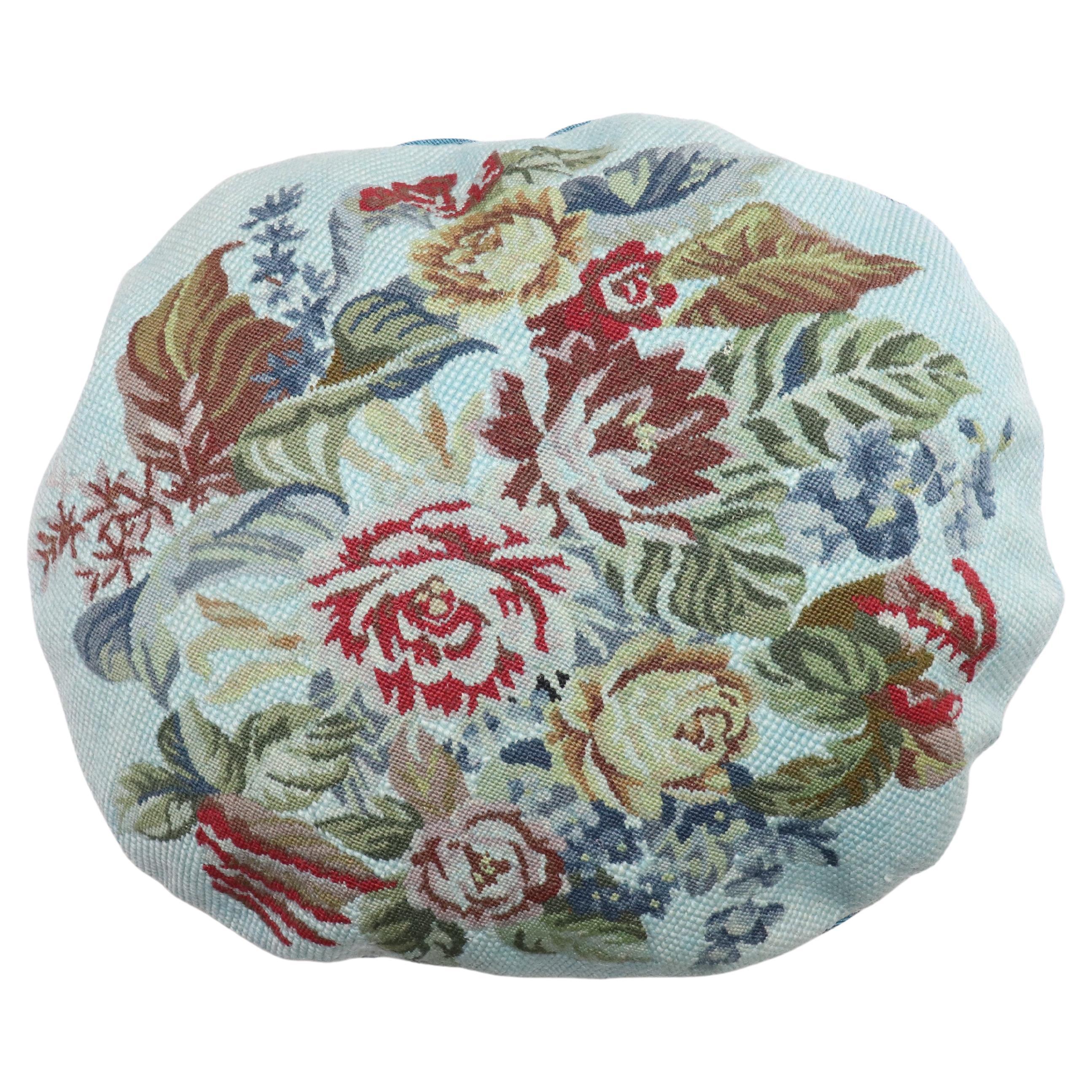Round 20th Century Floral Blue Over-Dyed Portuguese Needlepoint Pillow For Sale